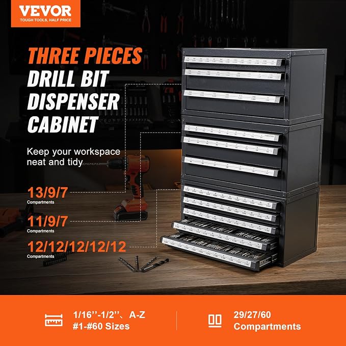 VEVOR Drill Bit Dispenser Cabinet Set, Three-Drawer for 1/16" to 1/2" & Letter Sizes A to Z, Five-Drawer Drill Bit Organizer for Wire Gauge Sizes #1 to #60, 3 Pieces - Image 3