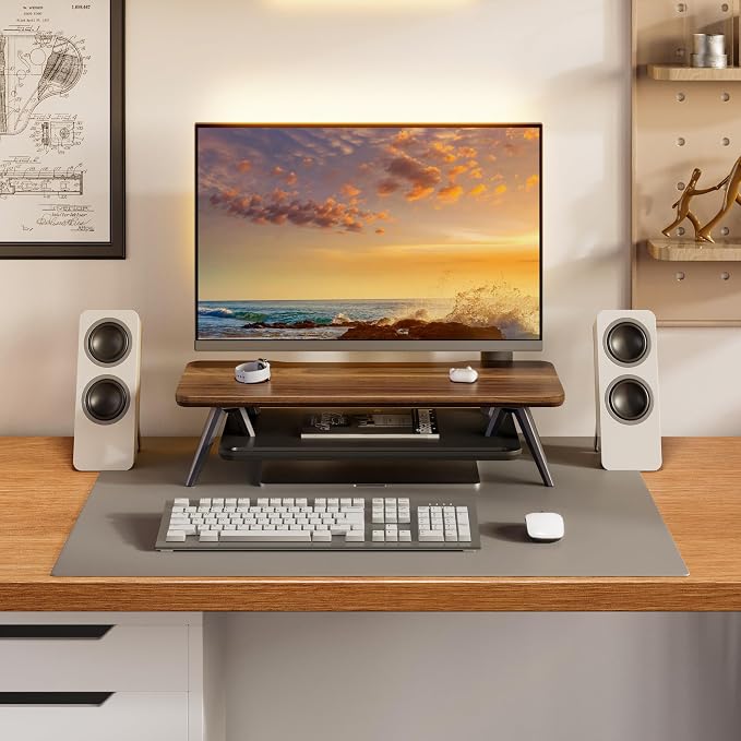 Fenge Monitor Stand Riser, Wooden Desk Shelf with 2-Tier Storage | 23.6-Inch Wide, Sturdy Aluminum Legs, Built-In Phone & Tablet Slot, Desktop Organizer for Office Accessories - Image 8