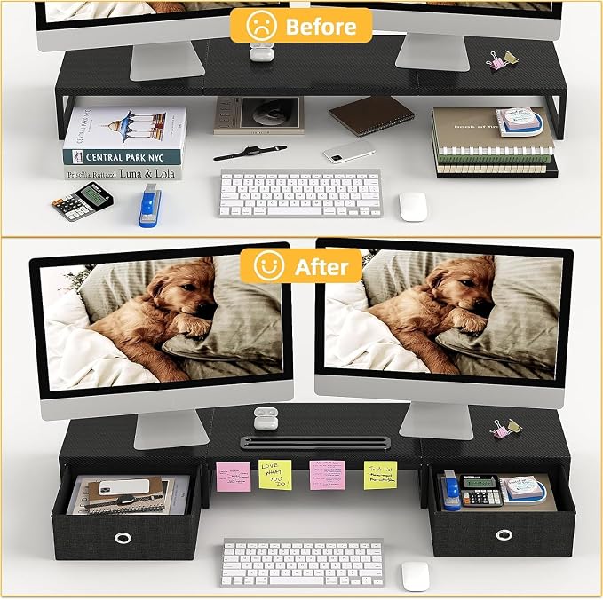Mexin 39" Dual Monitor Stand Riser with 2 Storage Drawers, Carbon Fiber Computer Desk Organizer for 2 Monitors, Heavy Duty 100 Lbs Desktop Stand with Phone Tablet Holder for Home Office, Black - Image 6