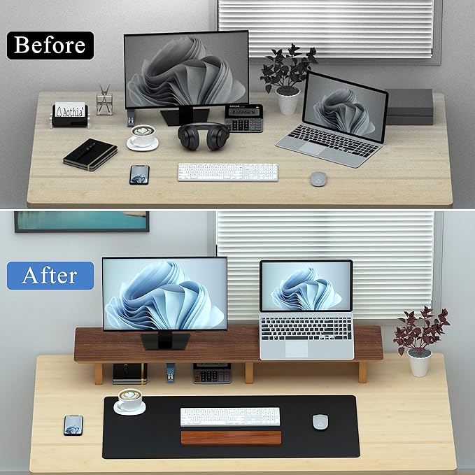 Aothia Solid Wood Dual Monitor Stand Riser for Desk, 43 Inch Black Walnut Computer Monitor Riser with Cork Legs, Extra Long Desktop Organizer Shelf for 2 Monitors, Laptop & Printer - Image 6
