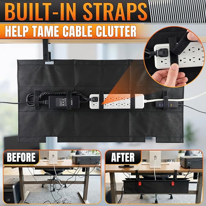 Under Desk Cable Management Tray 28" — No Drill Clamp-On Cord Organizer for Desk with Built-in Ties, Heavy Duty Metal Clamp, Foldable 600D Oxford Fabric for Home Office, WFH & Gaming PC Setup (Black) - Image 9