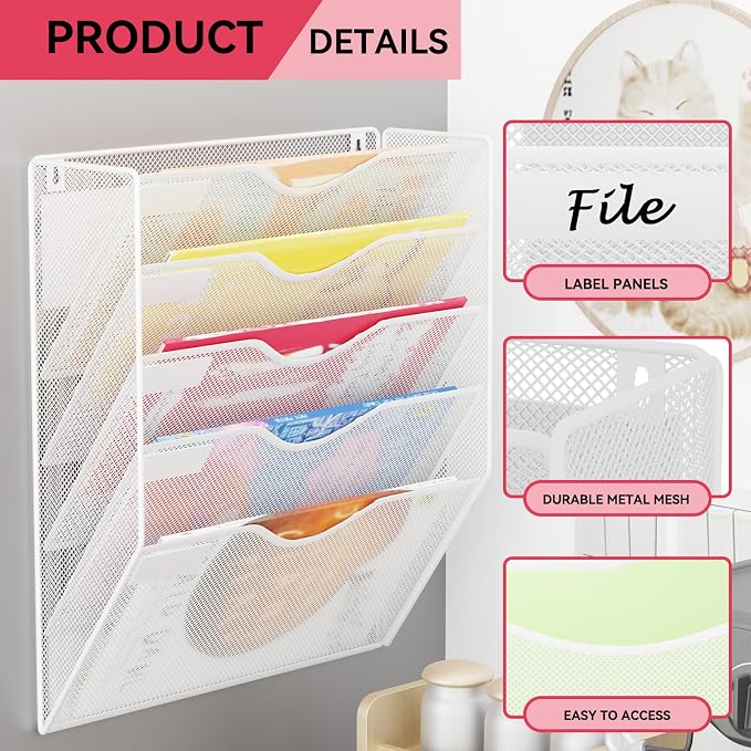 5-Tier Magnetic File Holder, No Drilling Wall File Organizer, File Folder Bins, Mail & Magazine Rack, Magnetic Paper Document Holder for Refrigerator File Cabinets Whiteboard, White - Image 4