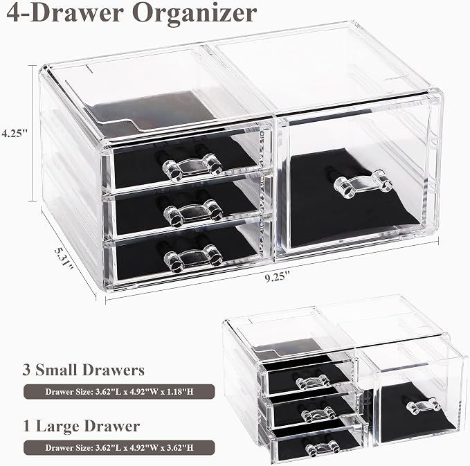 Sea Team Stackable Clear Acrylic Makeup Organizer with Drawers for Vanity | Cosmetic Display Case, Jewelry Storage Box with 1 Large and 3 Small Drawers, Ideal for Dresser, Bathroom, Countertop - Image 2