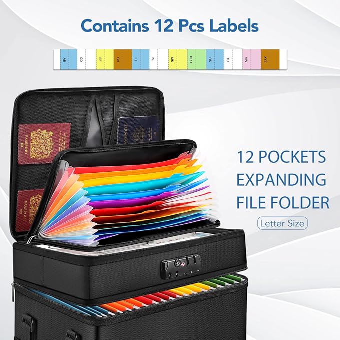 Fireproof Document Box with 13 Pocket Accordian File Folder | Water-Resistant File Organizer Box with Lock, Collapsible File Storage Cabinet for Hanging Letter/Legal Folder, Black - Image 4