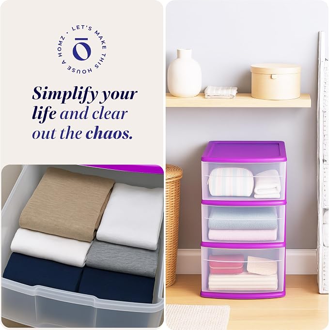 HOMZ 2-Pack Drawer Tower, 3-Tier Clear Plastic Storage Organizer Cart, Purple Frame - Organizing Containers with Wheels for Home, Bathroom, Bedroom, Office, and Classroom - Image 7
