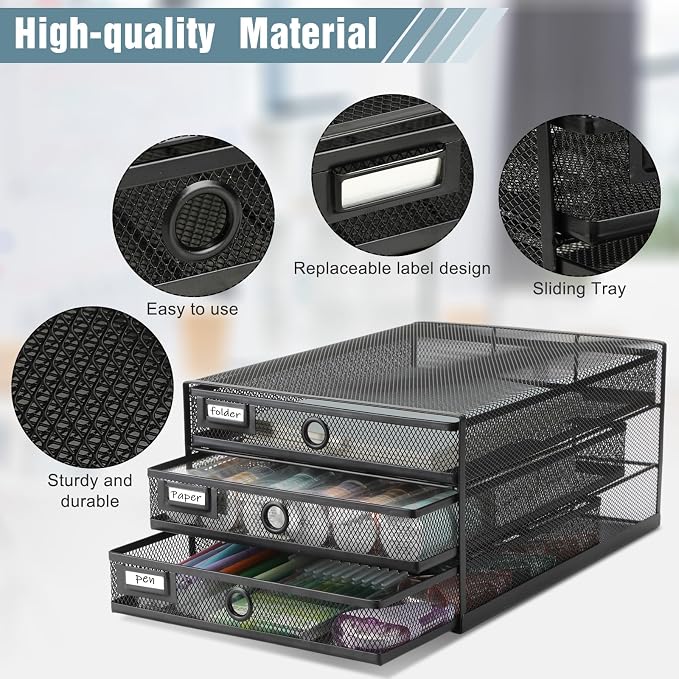 Zhanmai 1 Pack Black Desk Organizer with Drawer Total Wire Mesh Storage Tray Multifunctional Paper Sorter File Stand for Home Office Supplies Letter A4 Paper Office Accessories Back to School (3 Tier) - Image 4