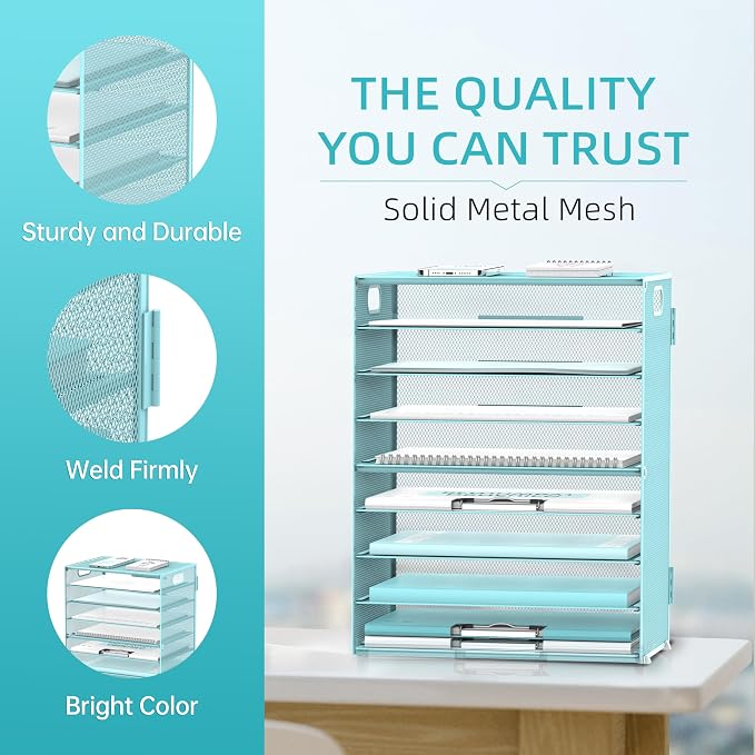 9-Tier Paper Organizer for Desk, Metal Mesh Letter Tray with Handles, Blue | Desk File Organizer with Removable Trays for Sorting Files, Folders, Mail and Printer Paper at Home, School or Office - Image 4