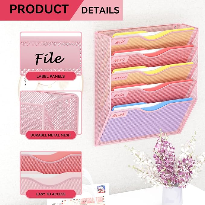 5 Pockets Hanging Wall File Organizer Mail Holder, Wall Mounted Paper Document Folder Holder, Clipboard Storage Organization Magazine Rack, Pink - Image 4