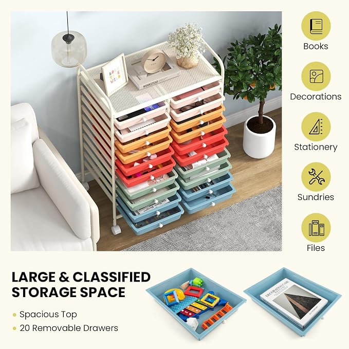 Giantex 20 Drawers Rolling Cart, Mobile Storage Drawer Cart, Classroom Organizer Cart for Office School Supplies Teacher Tools Scrapbook Paper Craft Small Printer, Utility Cart on Wheels, Macaron - Image 8