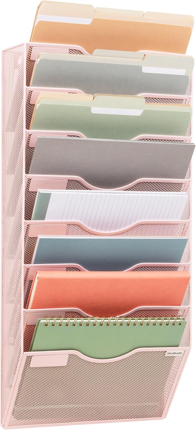 Mind Reader Wall File Organizer, 8 Pocket Hanging Document Rack, Office Wall Mount, Metal Mesh, Pink by MindReader