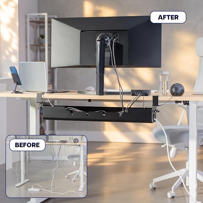 VIVO No Drill 35 inch Under-Desk Clamp-On Cable Management Box with Flip-Open Lid, Easy-to-Open Steel Cord and Power Strip Organizer, Cable Organizer Tray, 11 lbs Capacity, Black, DESK-ACMB35-C - Image 2