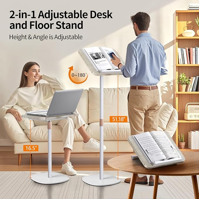 2-in-1 Floor Music Stand & Desktop Book Stand, 16.5"–51" Height Adjustable | Premium Wood Panel, Floor Reading Stand with Page Clip for Sheet Music, Cookbooks & Projector (White, 10" x 15" Panel) - Image 4