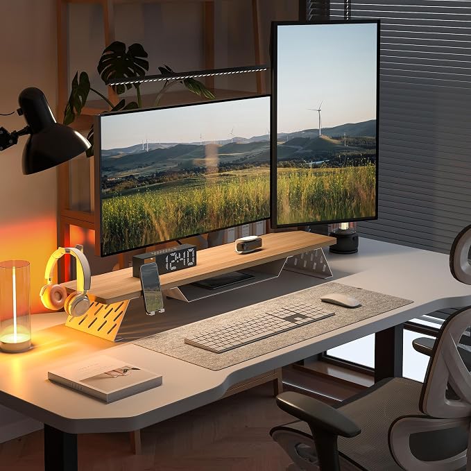 Fenge Dual Monitor Stand, Wooden Desk Shelf with Headphone & Phone Holder | 42.5" Monitor Riser with Storage Shelf, 2-Tier Monitor Shelf with Metal Leg for Home Office Organizer, Oak - Image 5
