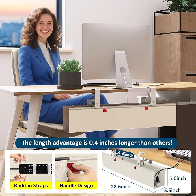 36" Under Desk Cable Management Tray for Home Office, No Drill Cord Organizer for Glass & Wood Table, Anti-Sag Oxford Fabric Wire Management Hider, Fits Surge Protector (Beige, 35.8") - Image 7