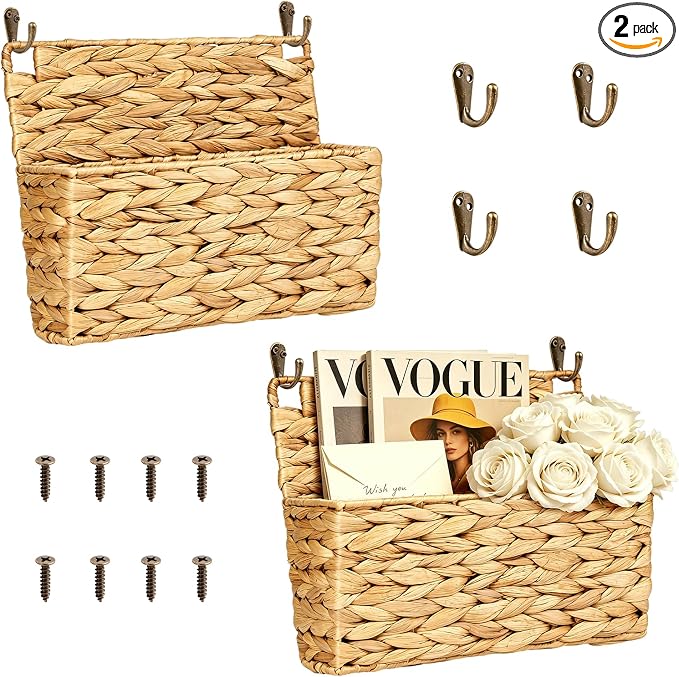 2PCS Woven Mail Holder Wall Mount Basket – Water Hyacinth Magazine Holder Wall Basket, Wicker Mail Organizer Wall Mount for Office, Books, Files, Letters & Entryway Decor, Hooks Included by SummitGo-US