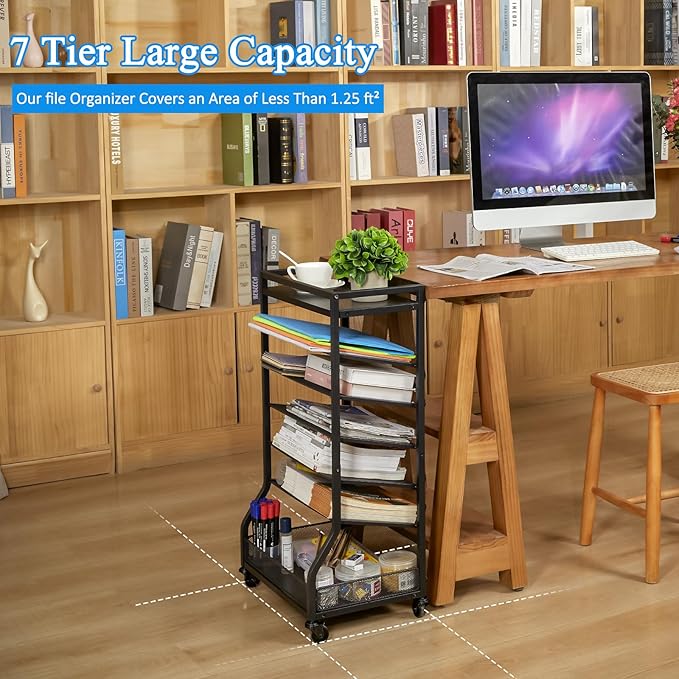 ThreeHio 7 Tier Rolling File Cart with Sliding Trays, Wood Metal File Organizer Beside Desk, Free-Standing File Holder, Paper Letter Tray Organizer Mesh Desk Organizer for Home Office School (Patent) - Image 5