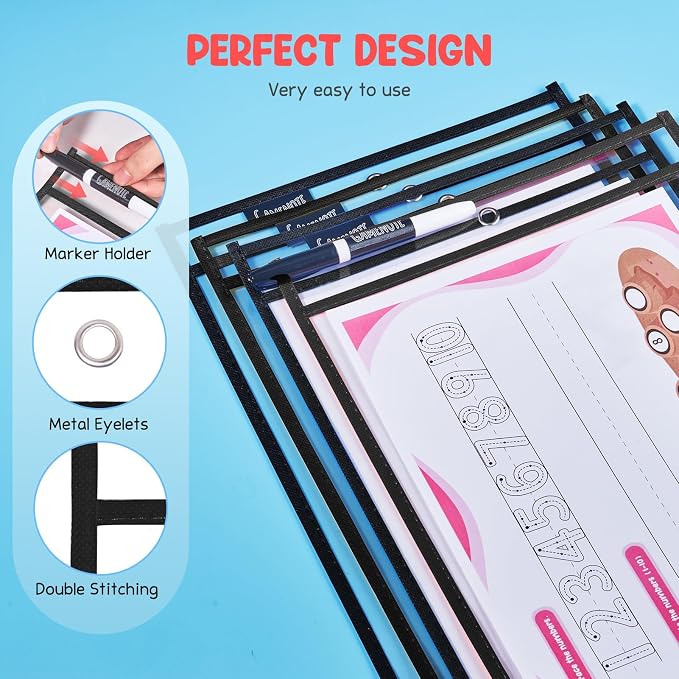 GAMENOTE 30 Pack Dry Erase Pockets, 10x14 Reusable Sleeves, Black | 30 reusable PVC pockets hold 8.5 x 11 and 9 x 12 sheets; double sided wipe clean surfaces, pen loops, eyelets, and 5 rings - Image 3