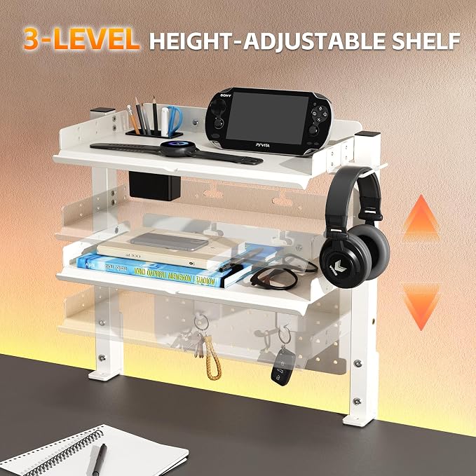 Metal Clamp On Desk Shelf,Storage Shelves with Pegboard and Pencil Holder | 2-Tier Adjustable 16 inch Above or Under Heavy Duty Desktop Organizer with Headphone Holder for Desk Accessories (White) - Image 3