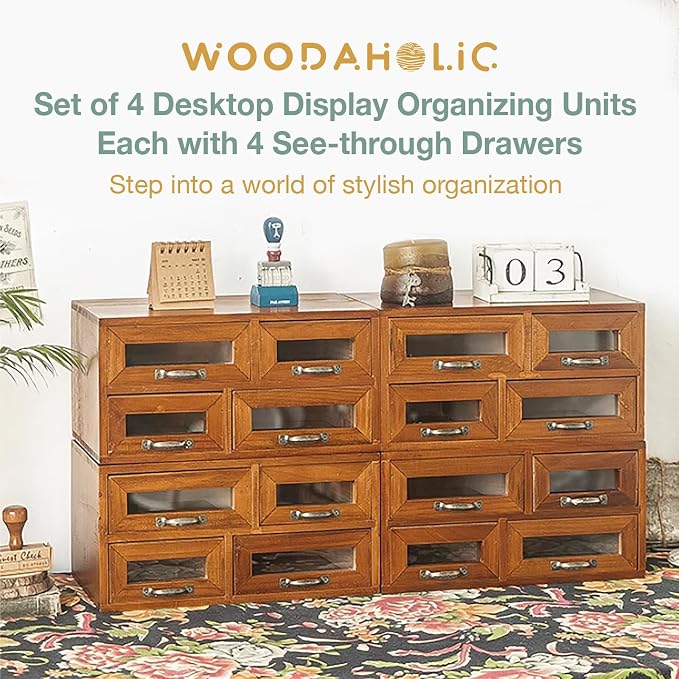 Stackable Modular Tiered Set of 4 Store and Display Wooden Desktop Organizing Cabinets - 16 Drawer Wood Display Chest with 4 See-through Slots - 16-Drawer Storage for Table, Dresser or Countertop - Image 8