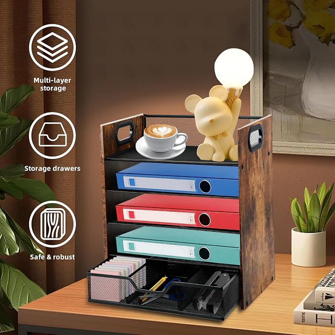 Desk Organizer, 5-Tier Desktop File Organizer with Drawer, Wooden Paper Tray Organizer, Office Desk Organzier and Accessories for Papers, Mail, Notebooks, Stationery - Image 5