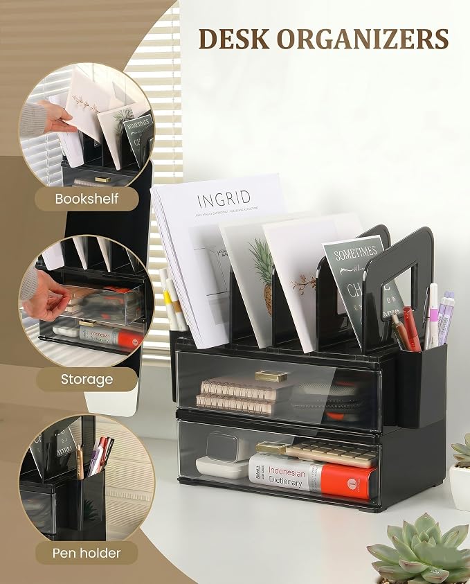 LALOBLUE Acrylic Desk Organizer with Drawer and Vertical File Holder, Desk Organizers and Accessories, Multi-Functional Office Supplies Organizer for Home or Work Desk, Black - Image 4