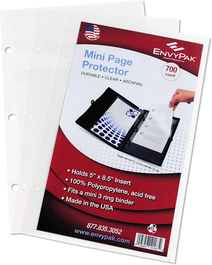 EnvyPak Mini Binder Page Protector - Holds 5 x 8.5 Inch Sheets - 3 Hole Punched - Box of 700 Protectors by EnvyPak