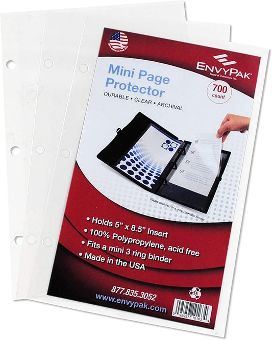 EnvyPak Mini Binder Page Protector - Holds 5 x 8.5 Inch Sheets - 3 Hole Punched - Box of 700 Protectors by EnvyPak