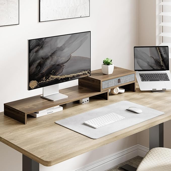 Fenge Triple Monitor Stand with Srorage Drawer, Adjustable Length and Angle | Computer Monitor Riser for 2 or 3 Monitors, Wooden Desktop Laptop Stand, Office Organizer for PC, Screen, Tablet, Brown - Image 6