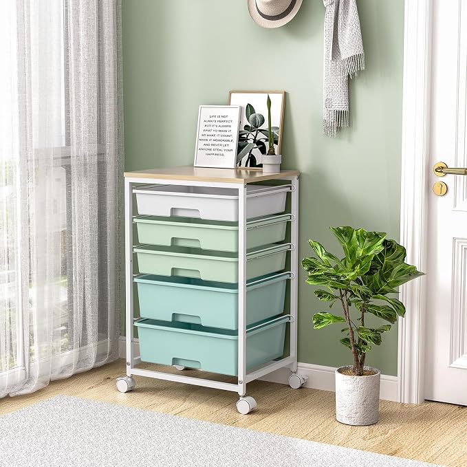 SYKIARIOL Rolling Cart with Drawers,5 Drawers Storage Cart,Light Green | 5-Tiers Utility Cart with Drawers with Lockable Wheels for Craft Organizers and Storage,Home Office,Classroom,Dorm,Playroom - Image 8
