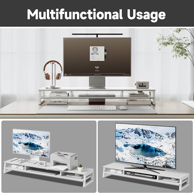 Dual Monitor Stand Riser for Desk, 41.7 Inch Large 2 Tier Computer Monitor Stand for 2 Monitors, Desktop Storage Organizer Shelf with Keyboard Space for Laptop PC Printer White - Image 5