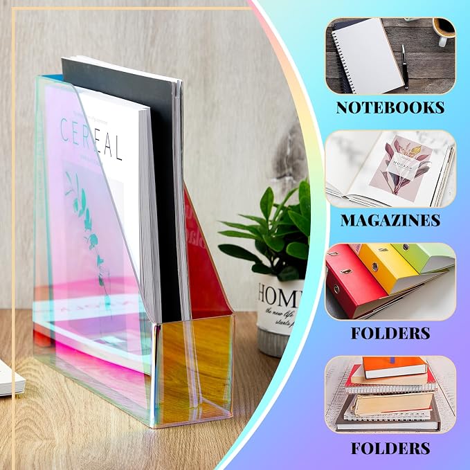 Engrowtic 2 Pcs Iridescent Vertical Magazine File Holder Acrylic Magazine Holder Storage Organizer Plastic Clear Acrylic Rack for Office Classroom Home Document Paper Book Collection Back to School - Image 5