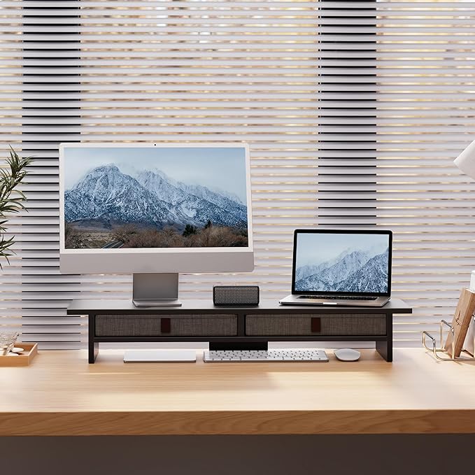 Fenge 35 Inch Monitor Stand with Drawer Storage, Computer Riser for Desk | Wooden Computer Shelf, 2 Tiers, for Dual Monitor/Laptop/PC/TV/Printer up to 55Lbs, Home Office Desk Organizer - Image 8