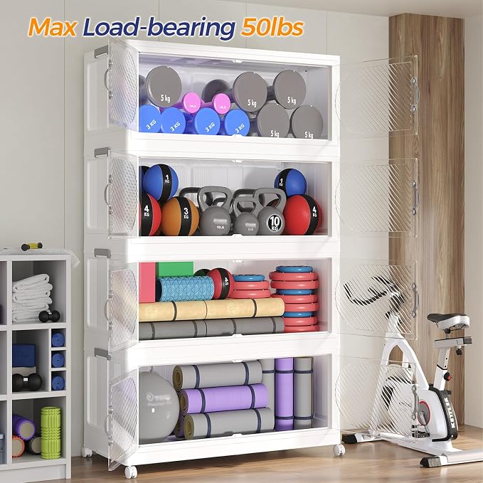 720QT Extra Large Stackable Storage Bins with Lid, 180Gal Plastic Closet Organizers and Storage Drawer, Collapsible Cabinet Box with Wheels Clear Doors for Home Kitchen Garage, 6Pack White - Image 8