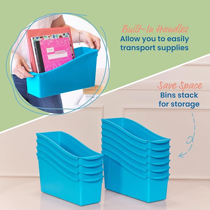 ECR4Kids Linking Plastic Storage Book Bin, Multipurpose Organization, Neon Blue, 10-Piece - Image 4
