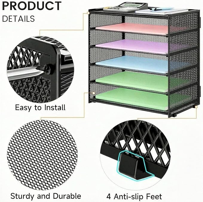 6 Trays Paper Organizer with Handle - Mesh Desk File/Letter Paper Sorter Organizer for Office, Home or School (Black with Closed top) - Image 3
