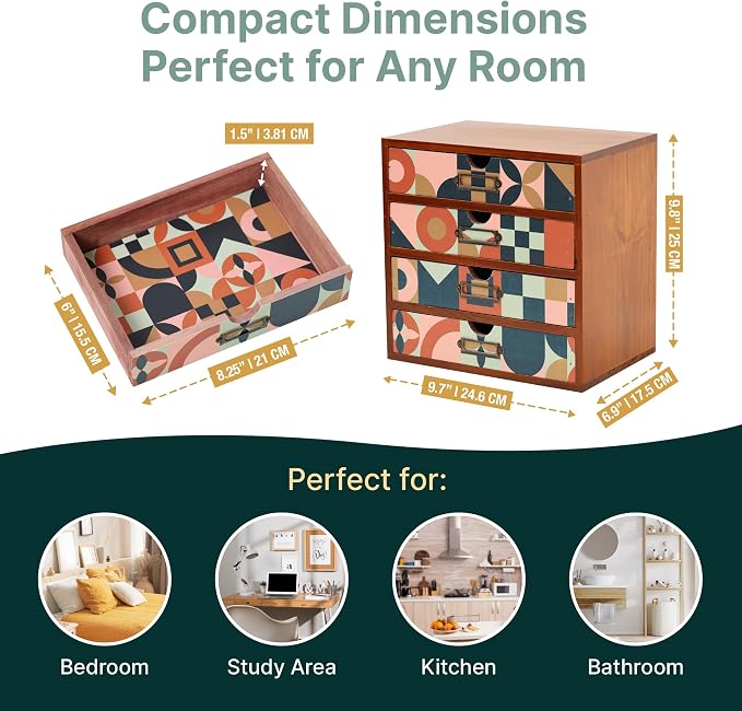 Mid-Century Modern Geometric Pattern Desk Organizer - Earth Tone Desktop Storage with 4-Drawer - Retro Modern Wood Cabinet for Office Supplies, Craft Tools, & Home Organization - MCM Drawer Unit - Image 2