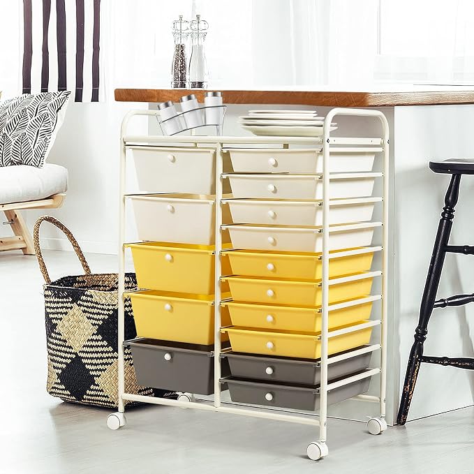 DORTALA 15-Drawer Rolling Storage Cart with Drawers, Rolling Utility Cart w/Removable Drawers & Universal Wheels, Tools Scrapbook Paper Organizer for School, Office, Home, Classroom (Yellow) - Image 2
