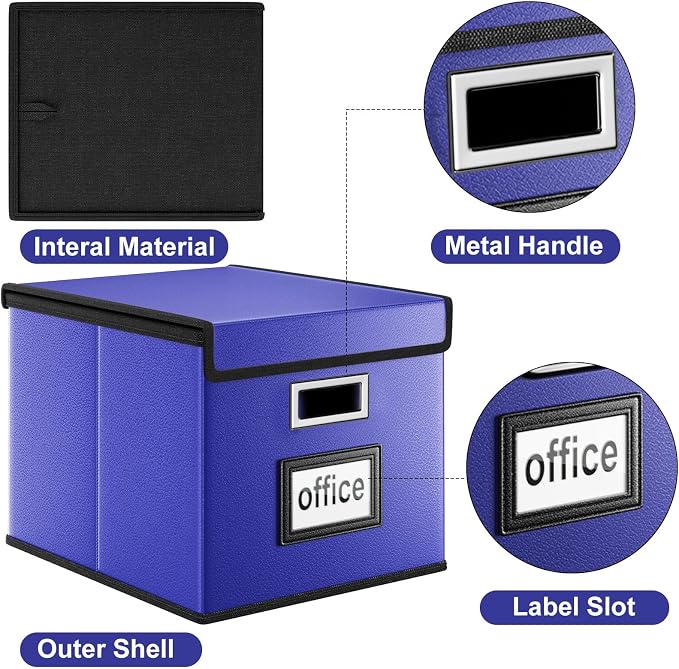 File Organizer Box with Lids, Collapsible File Folder Organizer | File Box with Plastic Slides for Document, Filing Bin for Letter Size Hanging File Folders (2 Pack, Navy Blue, Leather) - Image 3