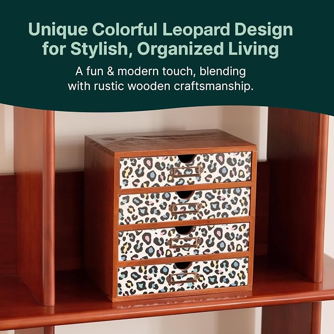 Colorful Leopard Print Wooden Desk Organizer - 4-Drawer Desktop Storage Cabinet for Office Supplies, Craft Tools & Home Organization - Trendy Wood Design for Crafters, Art Enthusiasts, Students - Image 5