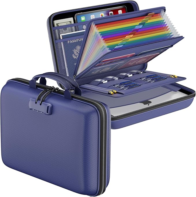 DocSafe Fireproof File Organizer with Lock, Hard-Shell Case Fireproof Document Box with 13 Pocket Accordion File Folder, Portable Home Office Travel Safe Storage for Important Documents Laptop Blue by DocSafe