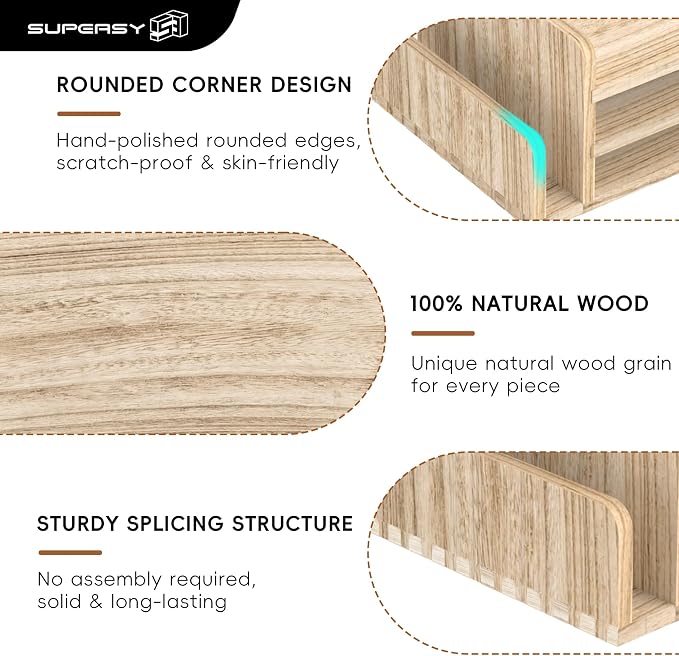 Wooden Desk Organizer, 3-Tier Paper Trays with 2 Mail Sorters, Natural Wood | Fully assembled with open shelves and side slots for sorting files, folder, letter, bill, magazine, notebook - Image 4