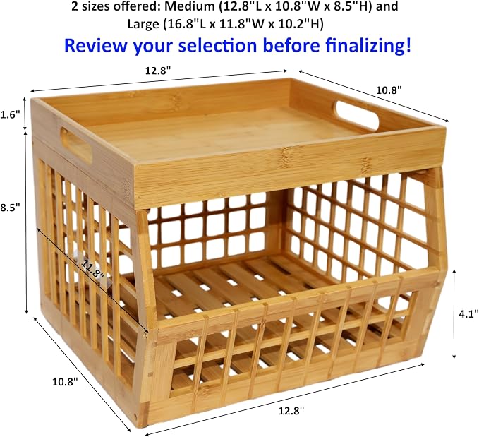Bamboo Stackable, Open Front, Medium Storage Bins with Serving Tray Lid - Image 6