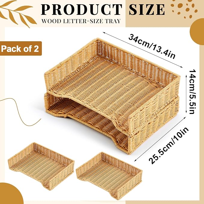 Yeaqee 2 Pcs Paper Tray Organizer for Desk Woven Letter File Organizer A4 File Tray Desk Paper Basket Letter Size Imitation Rattan Holder Organization Rack for Office Storage(Brown,Wheat Ear Pattern) - Image 2