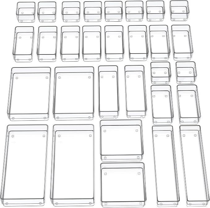 SMARTAKE 30-Piece Drawer Organizer with Non-Slip Silicone Pads, 7-Size | Desk Drawer Organizer Trays Storage Tray for Makeup, Jewelries, Utensils in Bedroom Dresser, Office and Kitchen (Clear) by SMARTAKE