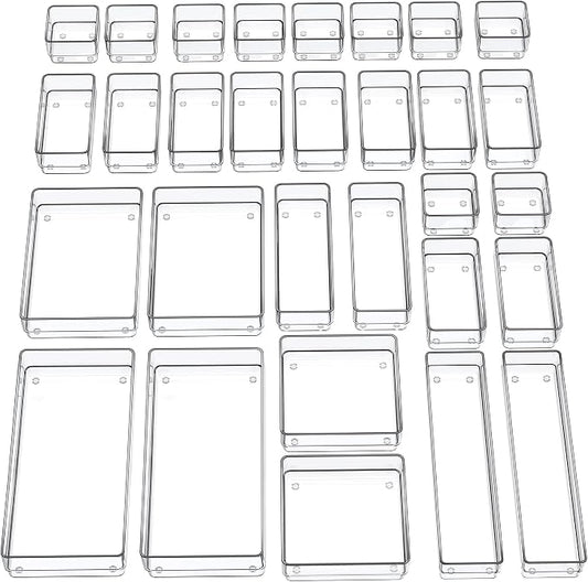 SMARTAKE 30-Piece Drawer Organizer with Non-Slip Silicone Pads, 7-Size | Desk Drawer Organizer Trays Storage Tray for Makeup, Jewelries, Utensils in Bedroom Dresser, Office and Kitchen (Clear) by SMARTAKE