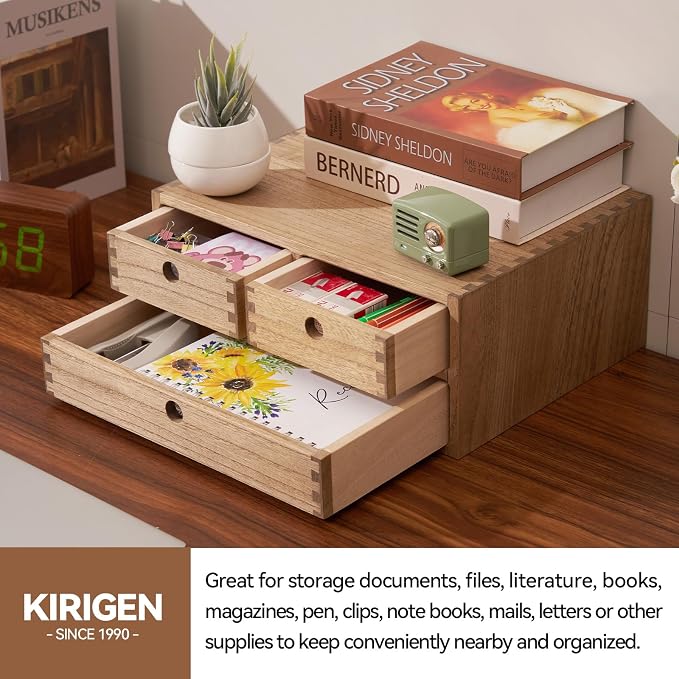 KIRIGEN Wood Desk Organizer with 3 Drawers, Desktop Storage Brown 23-DBR | Wooden Desktop Drawer Hold A4 Papers, Stationery, Jewelry, and Makeup, Fully Assembled for Home Office - Image 4