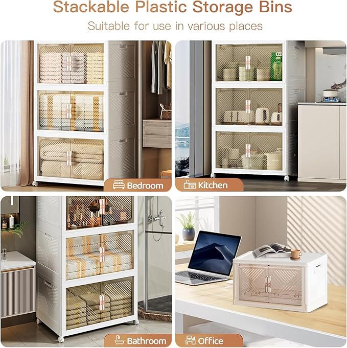 Storage Bins with Lid 76QT, Stackable Storage Containers with Wheels and Magnetic Doors, Plastic Clothes Closet Organizers and Storage Box for Home and Office (5 Pack) - Image 5