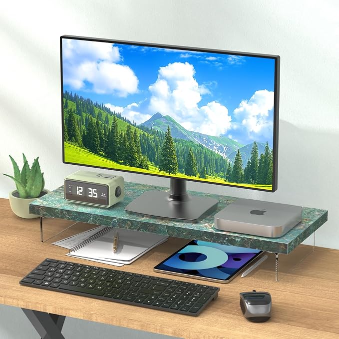 Monitor Stand Riser, 25x10 in Wood & Acrylic Computer Desk Organizer Shelf | Computer Monitor Stand With Wood & Acrylic Design; Works As Laptop Riser, Printer Stand, TV Screen Riser And Desk Organizer. - Image 6