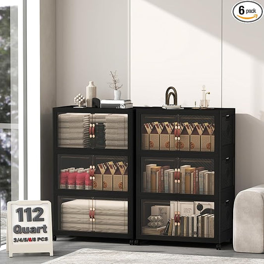 672QT Lockable Plastic Storage Bins,6 Pack Collapsible Cabinets | Stackable Organizer with Doors & Wheels, Foldable Containers for Bedroom, Dorm, Office & Garage Storage by UAMFURIDirect