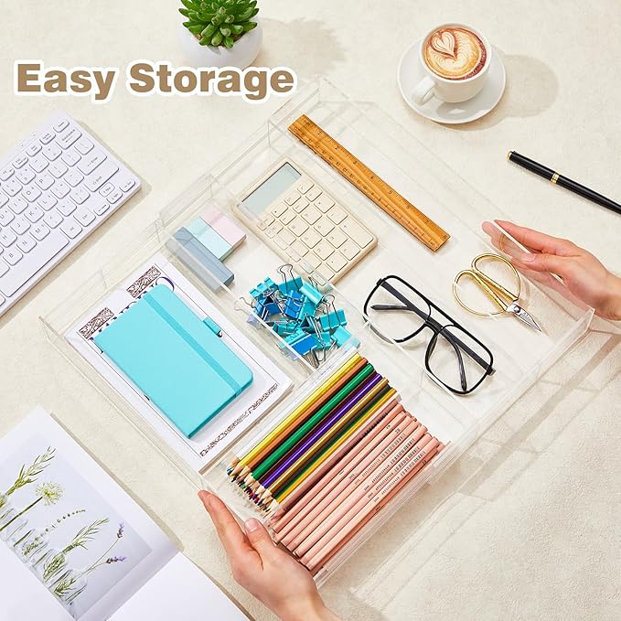 Briwooody Clear Acrylic Drawer Organizer Expandable,7 Compartments,Large | 9'' up to 18'' x 12'' x 2.1'' Desk Drawer Organizer Trays Adjustable with Desk Accessories for Makeup Office Bathroom - Image 4